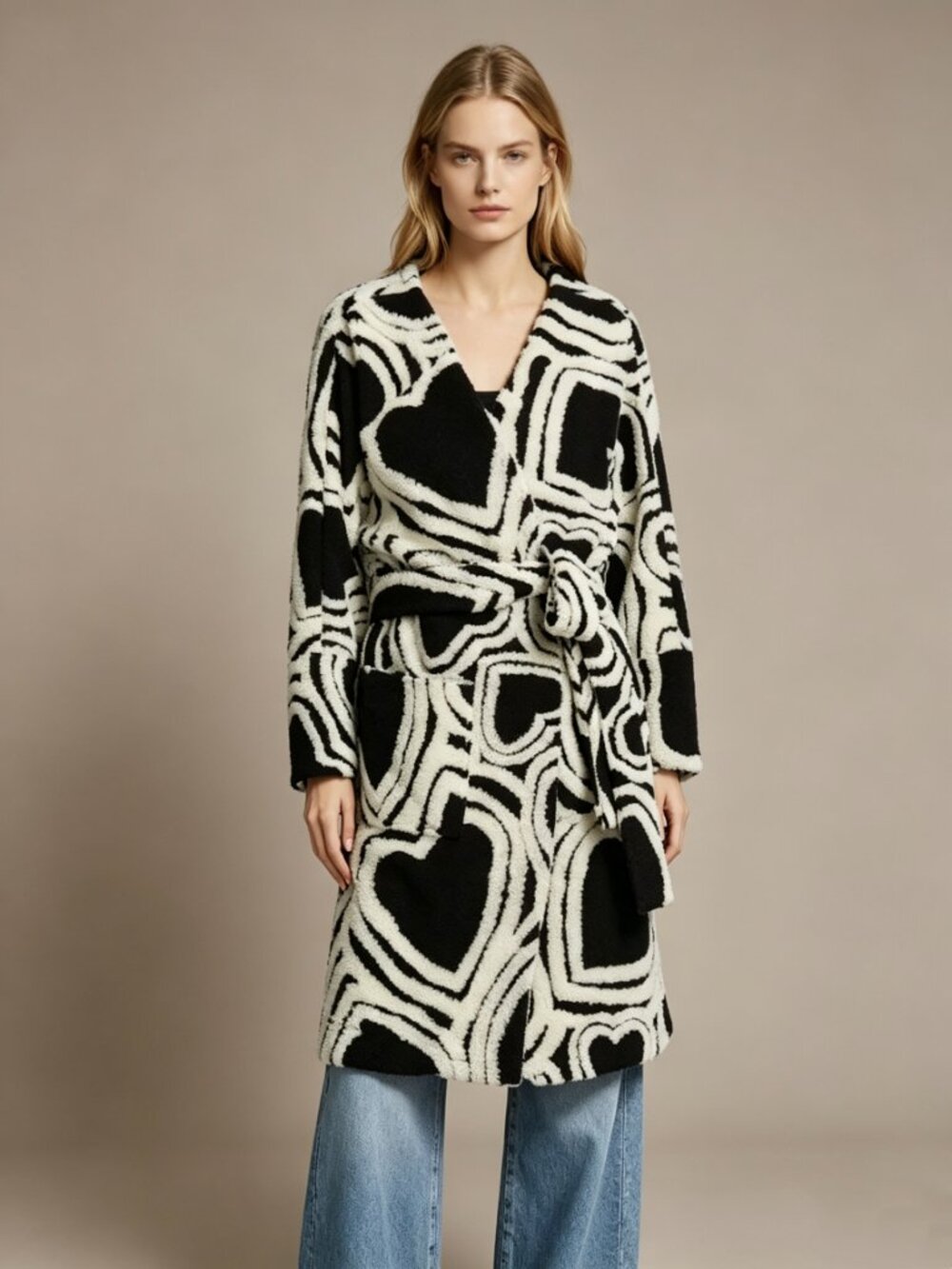 NWT Farm Rio Wool Blend Wild Hearts Tie-Belt Fleece Coat Size XL Black White